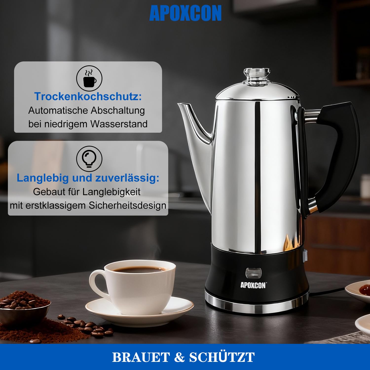 APOXCON Cafetera eléctrica para 12 tazas, cafetera de acero inoxidable (304) con botón de tapa de cristal e interruptor de encendido/apagado