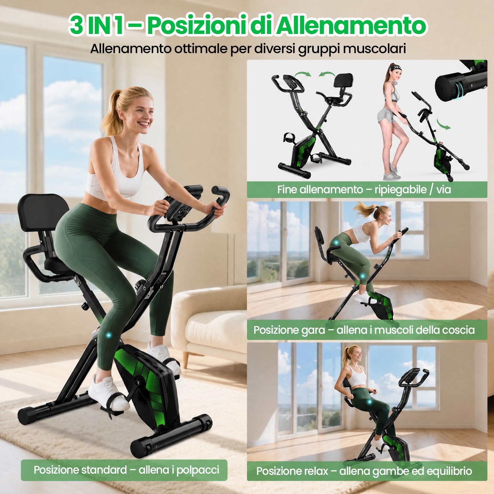 2026 Cyclette Pieghevole Silenziosa 3 in 1, Dotata di 10 Livelli di Resistenza Magnetica, Monitor LCD, Fascia Elastica e Sella Comoda