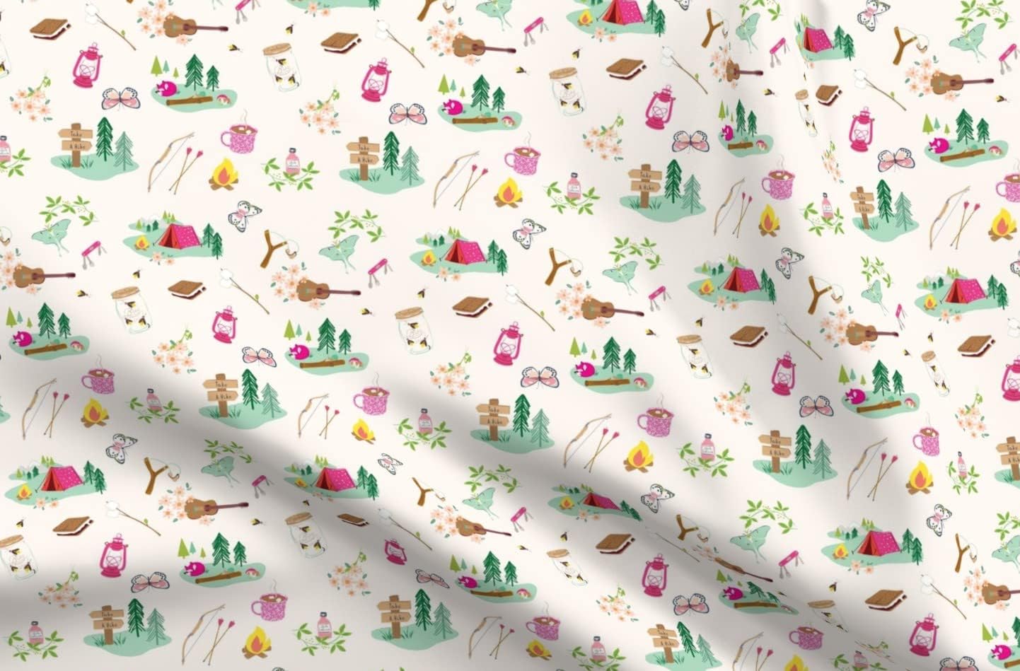 Spoonflower Fabric - Camp Summer Outdoor Adventure Butterflies Forest Camping Printed on Organic Cotton Sateen Fabric by The Yard - Sewing Quilting Apparel Home Decor