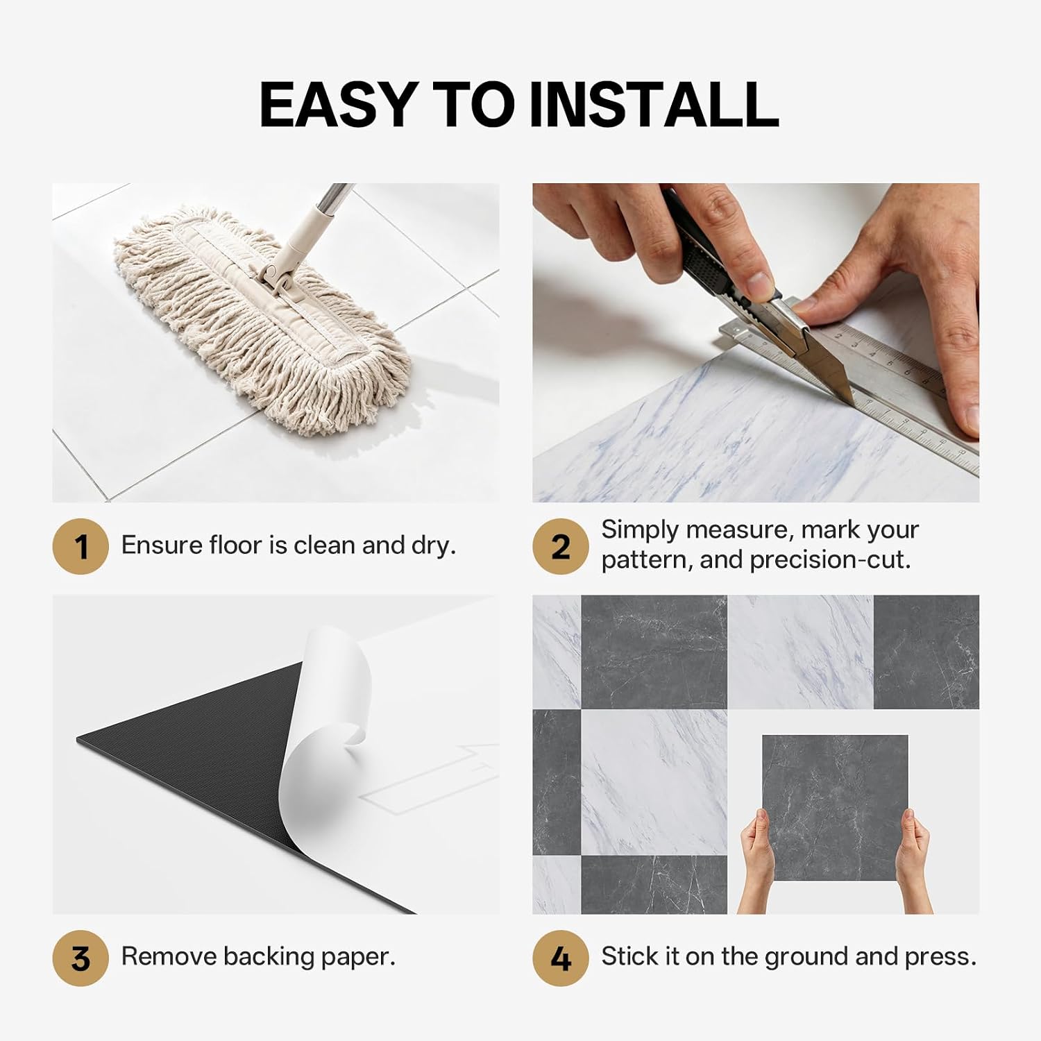 ATOPOSE Peel and Stick Floor Tile Waterproof,30-Pack 12x12 Inch,Checkered Marble Texture Vinyl Tiles,Easy DIY for Kitchen, Dining Room,Bathroom,Cover 30 Sq. Ft(Grey/White Marble,15 Tiles Per Color)