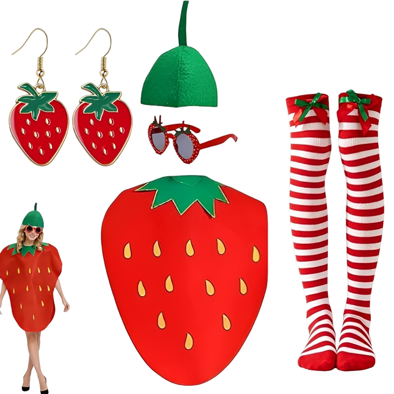 ZPSCXQ Funny Fancy Dress Beginning with S, Womens Fancy Dress Costumes Strawberry Outfit, 5-Piece Set with Strawberry Hat, Golden Ear Hooks, Red Bow Tie, Halloween Themed Parties Cosplay Events