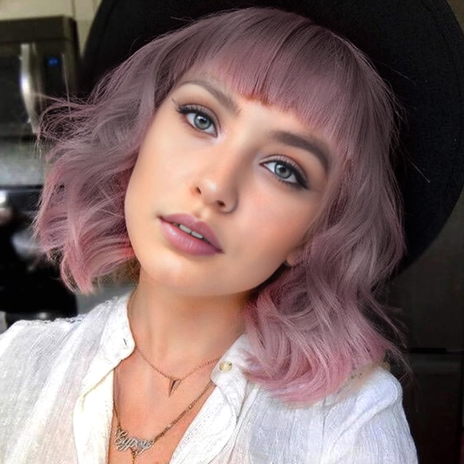 BUYOGET Wavy Bob Wig with Bangs Synthetic Hair Shoulder Length 12 Inch Short Curly Wigs for Women Natural Ombre Pink