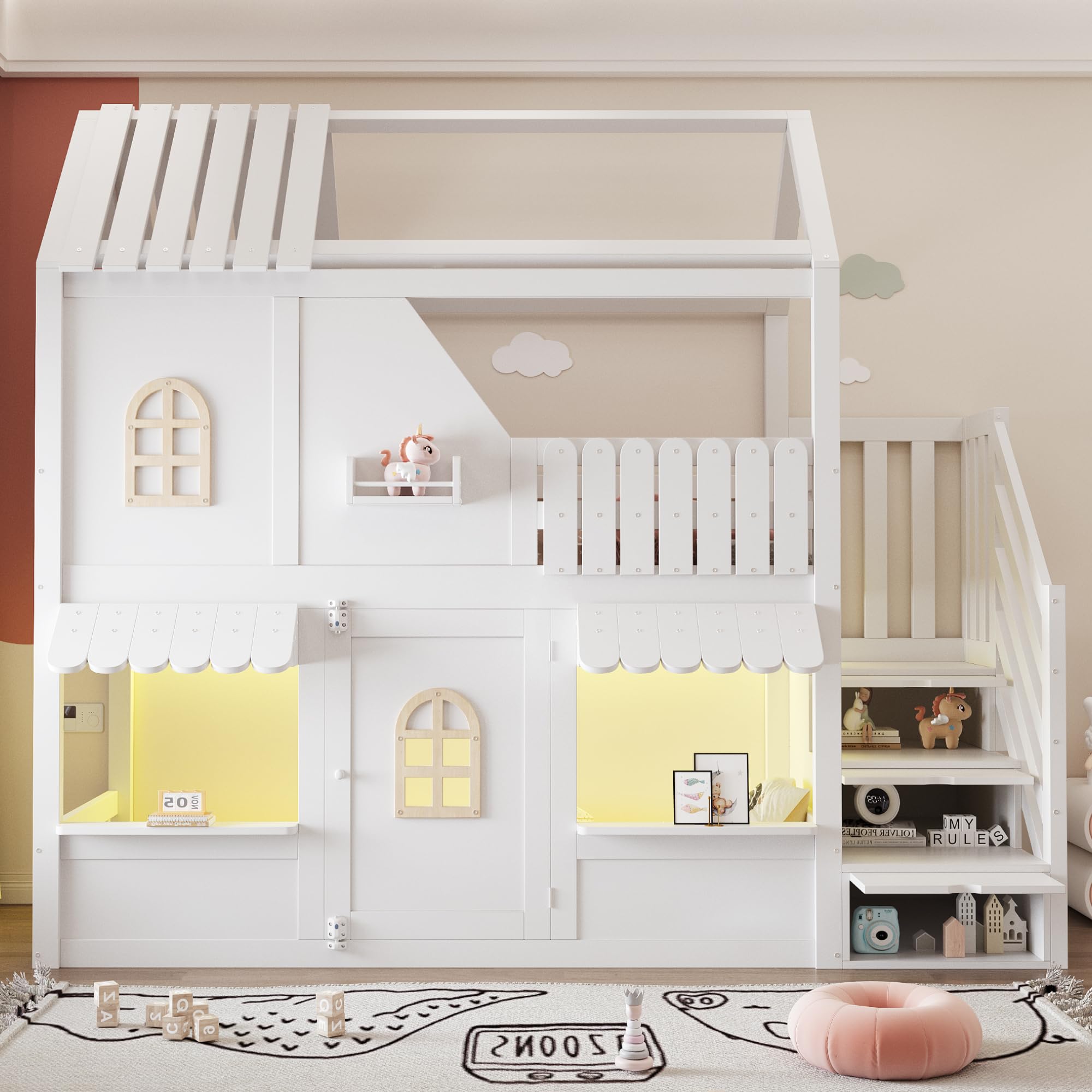 Litera infantil de 90 x 200 cm, color blanco, diseño en forma de casa con ventanas, techo, barandilla y puerta, escalera de almacenamiento y estantes, sin colchón