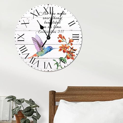 Miniatura 188 de ArogGeld He Made Everything Beautiful - Reloj de pared de PVC con flores rosadas, colibrí, reloj de pared grande con cita y números romanos, reloj