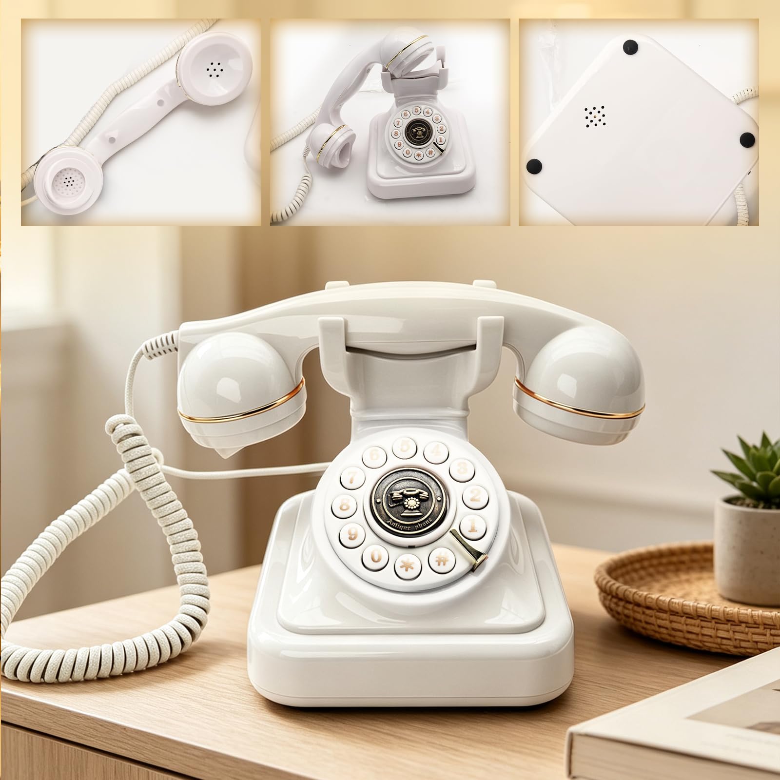 Europäisches Retro Telefon, Vintage Tastentelefon mit Einstellbarer Klingellautstärke und Wahlwiederholung, schnurgebundenes Telefon für Zuhause, Büro, Café Dekoration (Weiß)