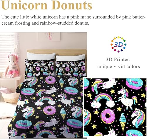Miniatura 6 de ARIGHTEX Juego de ropa de cama de unicornio gordito para niños y niñas, lindo unicornio en arco iris, patrón de dona, funda de edredón de 3 piezas