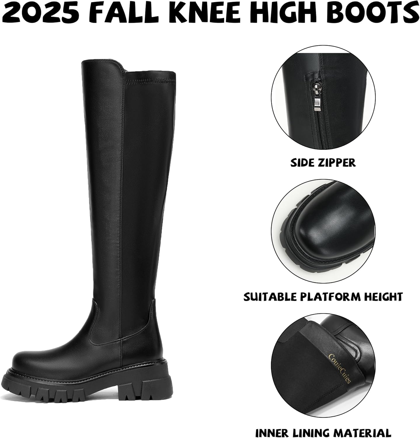 CouieCuies Women’s knee high Boots Platform Wide Calf Dress Long Rounded Toe Lug Sole Tall Boots Comfortable Side Zipper Boot Size 11 - Image 4