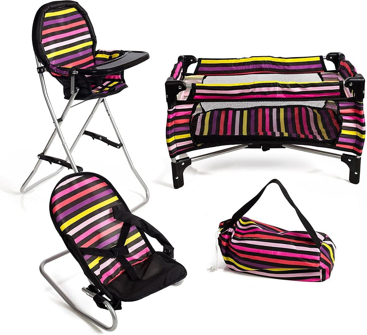 Mommy & Me 3 in 1 Baby Doll Accessories Mega Deluxe Playset with Doll High Chair, Doll Bouncer, and Doll Pack N Play Crib, Fits 18 Inch Doll, Striped