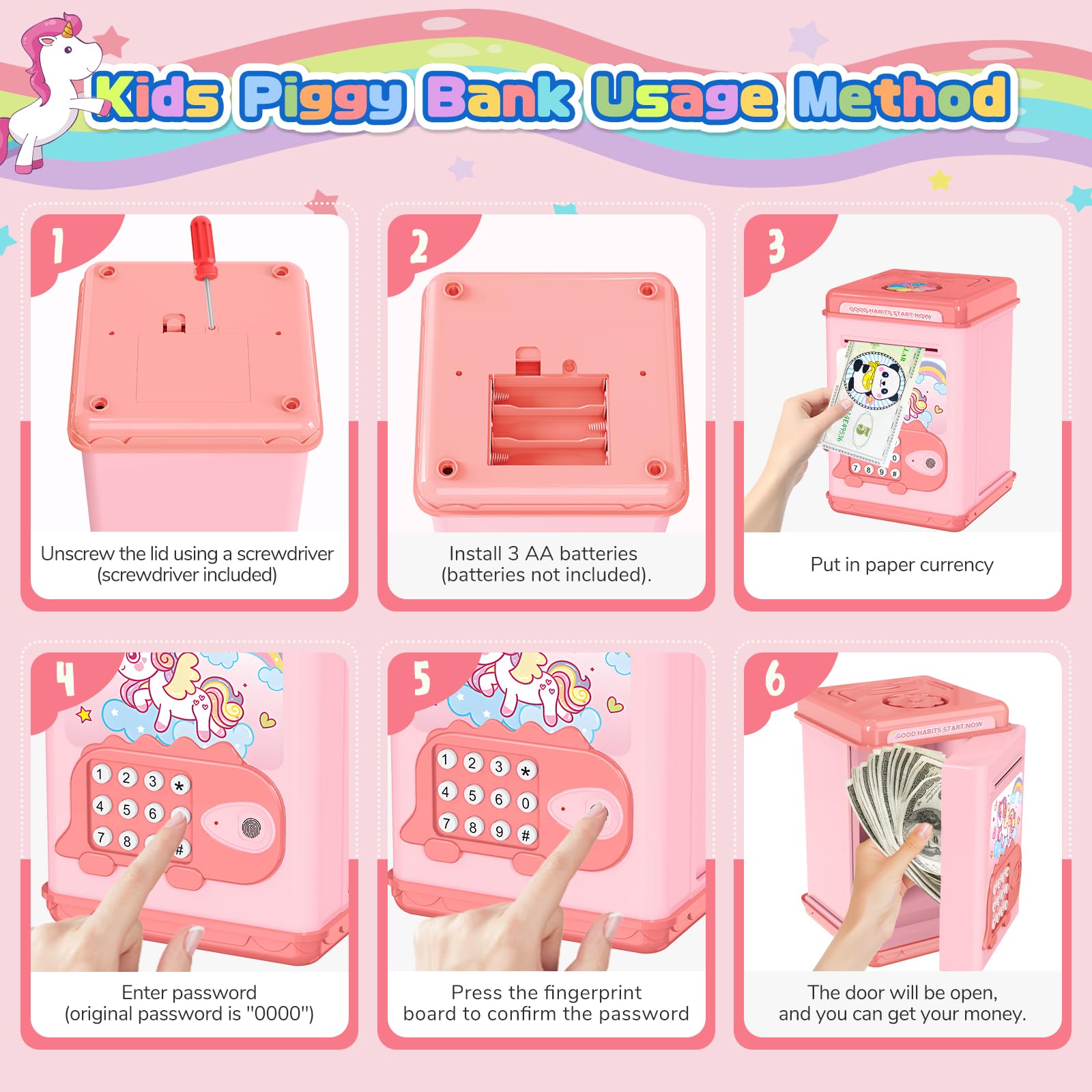 TCJJ Unicorno Salvadanaio Per Bambini,Salvadanaio Per Ragazze Con Password E Sblocco Delle Impronte Digitali,4 Adesivi,Braccialetto Con Unicorno,Regali Con Ragazze Per Natale