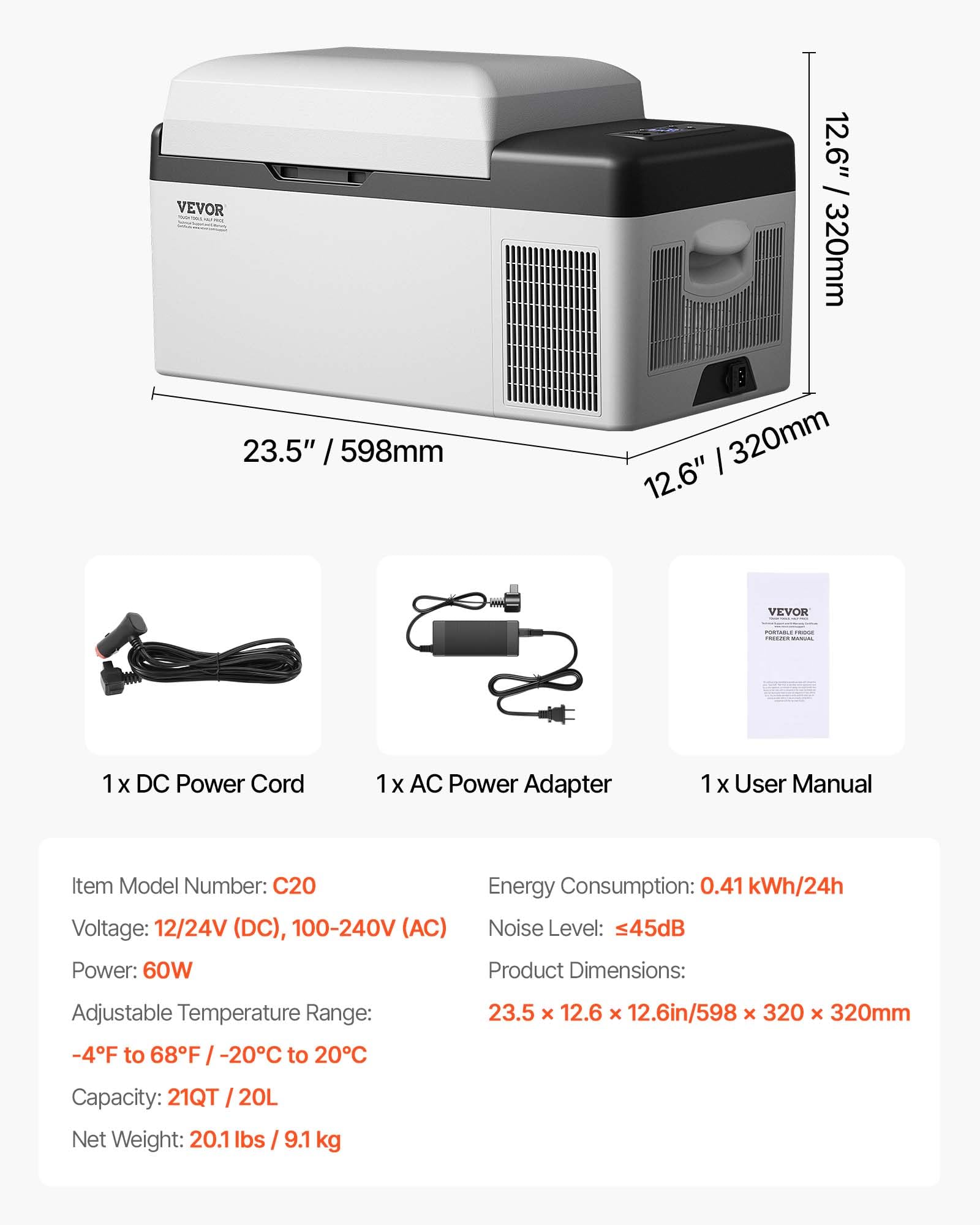 VBENLEM Mini lodówka samochodowa, przenośna lodówka elektryczna 45 W, z panelem cyfrowym, od -20 do 20℃, aby utrzymać świeżość napojów i napojów 0,2 kw.h/24h, kemping, 56 x 29 x 30 cm (20 l)