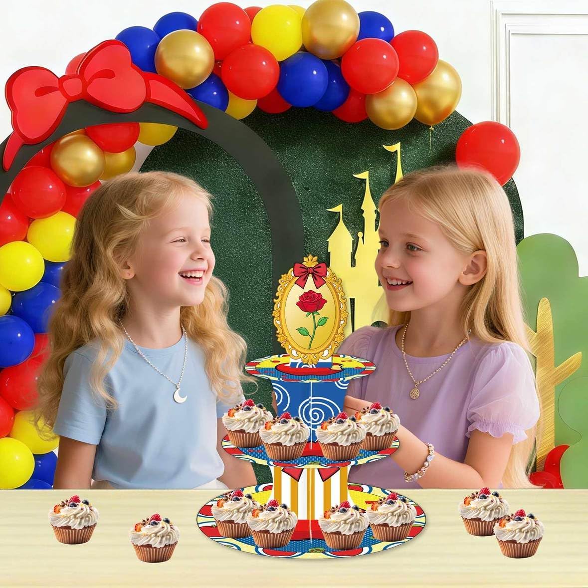 Cartoon Fairytale Birthday Cake Stand Three-Tier Cupcake Tower Princess Birthday Party Decorations Red Apple Bow and Rose Backdrop Children's Birthday Party Photo Props image 3