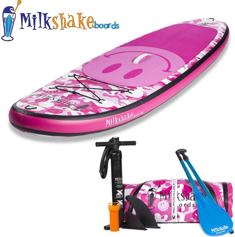 Milkshake Inflatable 8' Kids Stand Up Paddle Board and Complete SUP Bundle (Pink Camo Emoji) | Includes Board, Pump, Adjustable Paddle, Easy Transport Back Pack and Repair Kit