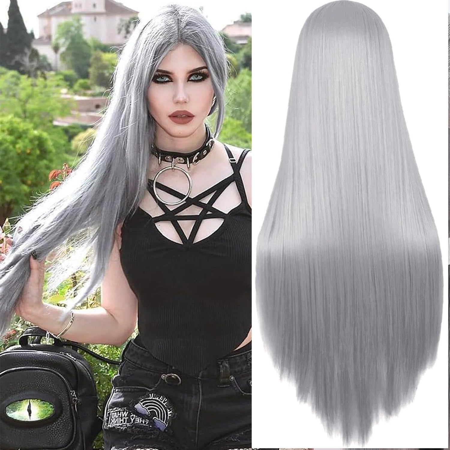 Colorfulpanda Long Grey Silver Wigs for Women Silky Straight Synthetic Hair  Wig Middle Part for Party Cosplay Halloween Anime (Gray) 32inch 80cm