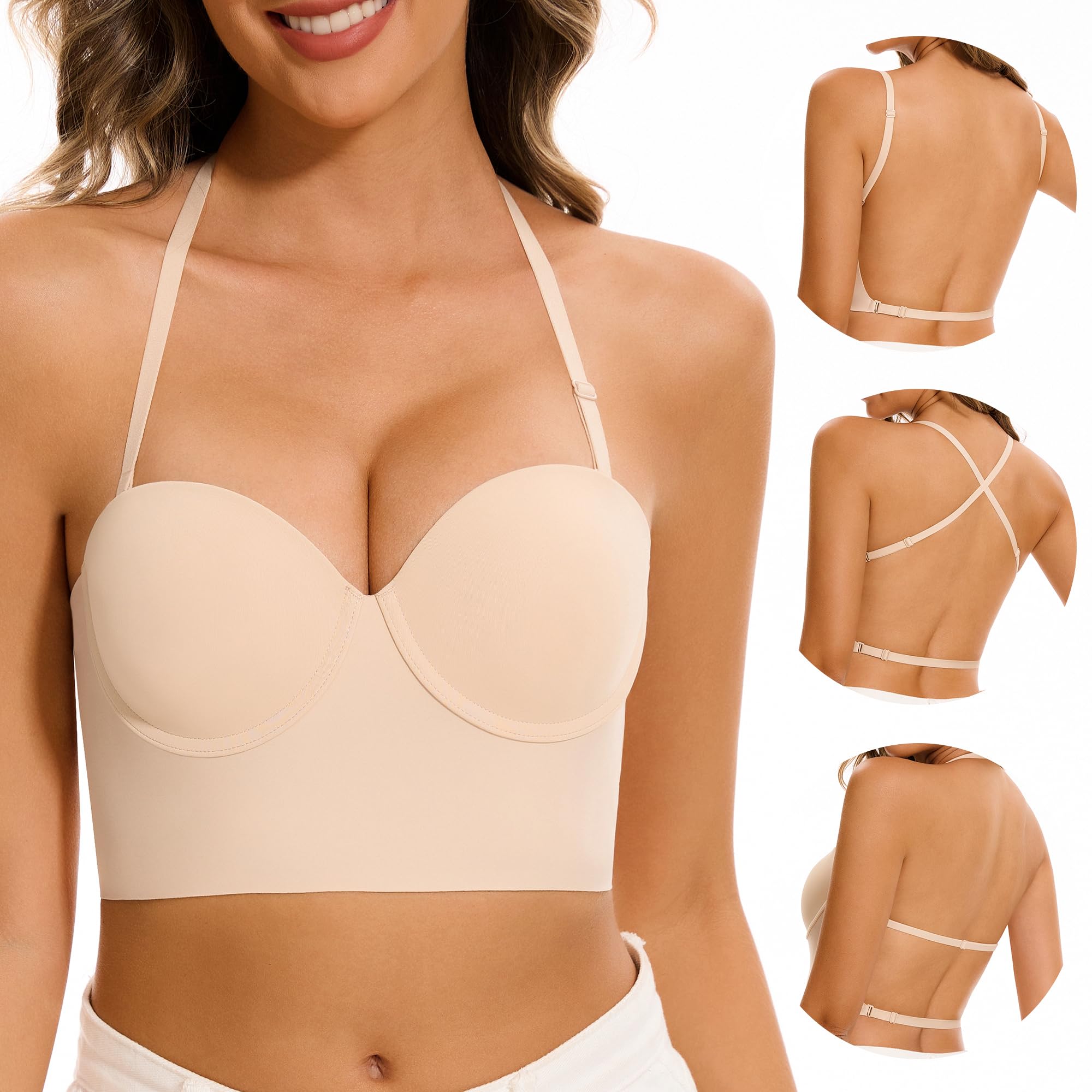 Low Back Bras for Women-Lightly Lined Seamless Invisible Backless Bra-Underwire Balconette Multiway Low Cut Halter Bras