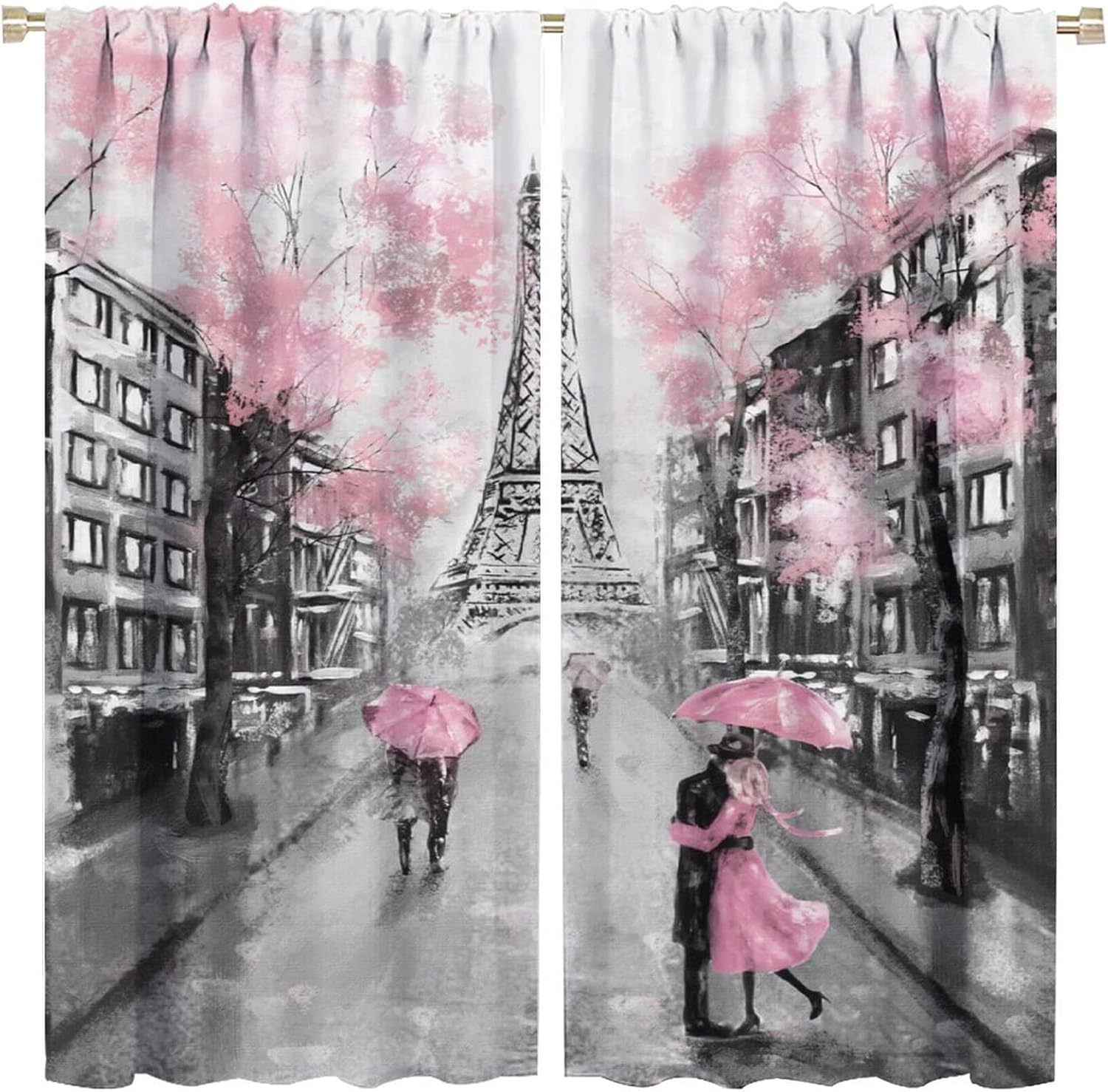 JESTRONRY City Landscape Bedroom Curtains,Paris Oil Painting Eiffel Tower Pink Girls Valentine's Day Theme Rod Pocket Window Drapes 2 Panel Set for Living Room Bedroom Kitchen Cafe W42xL54in