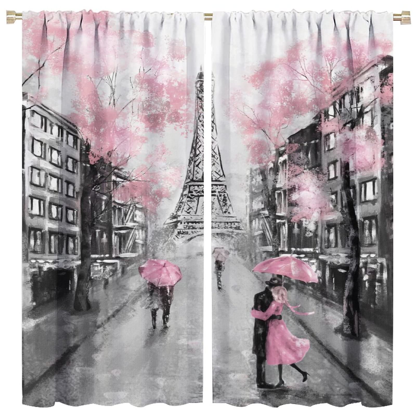JESTRONRY City Landscape Bedroom Curtains,Paris Oil Painting Eiffel Tower Pink Girls Valentine's Day Theme Rod Pocket Window Drapes 2 Panel Set for Living Room Bedroom Kitchen Cafe W42xL45in