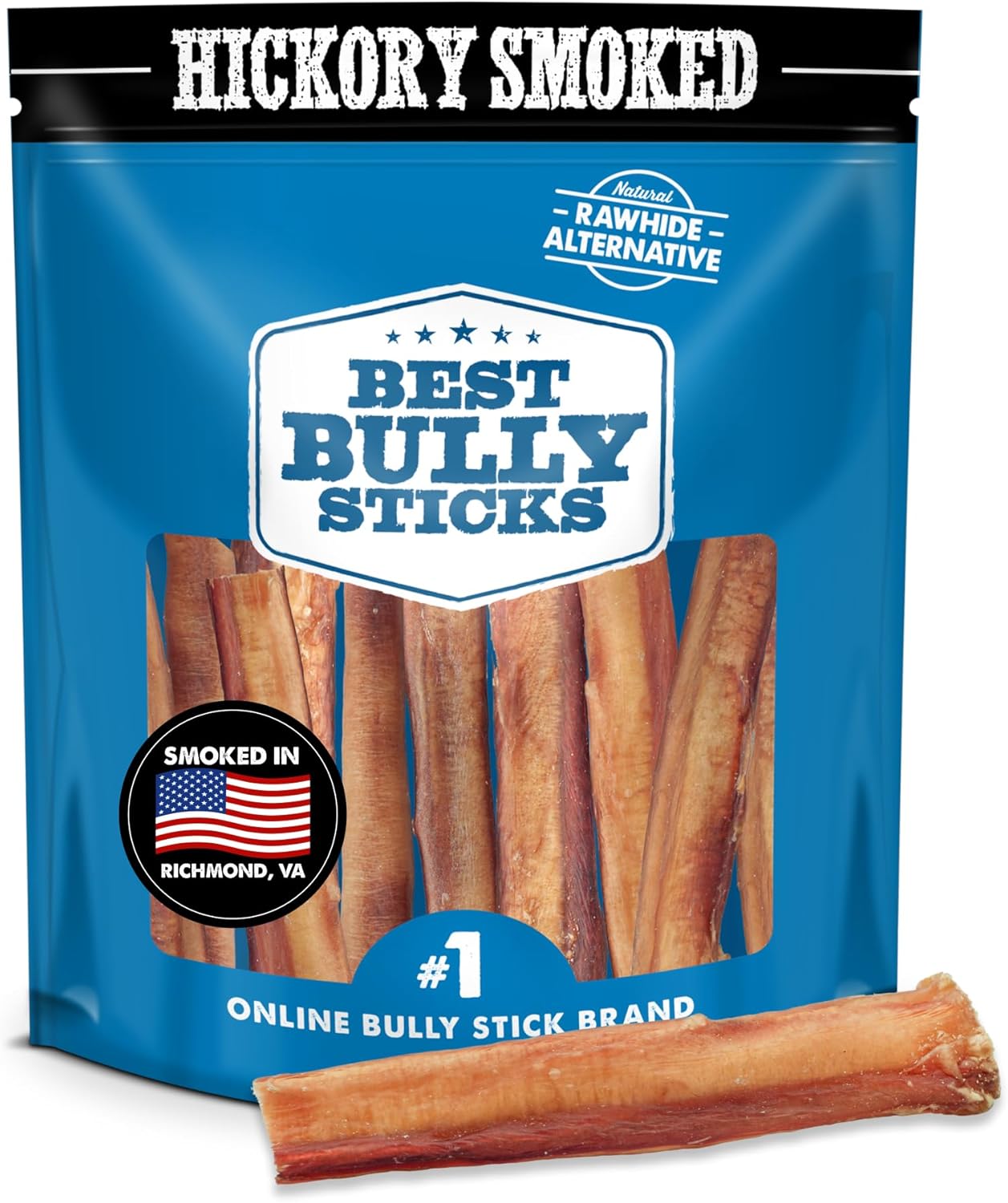 Best Bully Sticks Hickory Smoked Thick 6 Inch Bully Sticks - 10 Count (Pack of 1) - Natural, Grain and Odor-Free, Smoky Aroma, No Additives, Grass-Fed