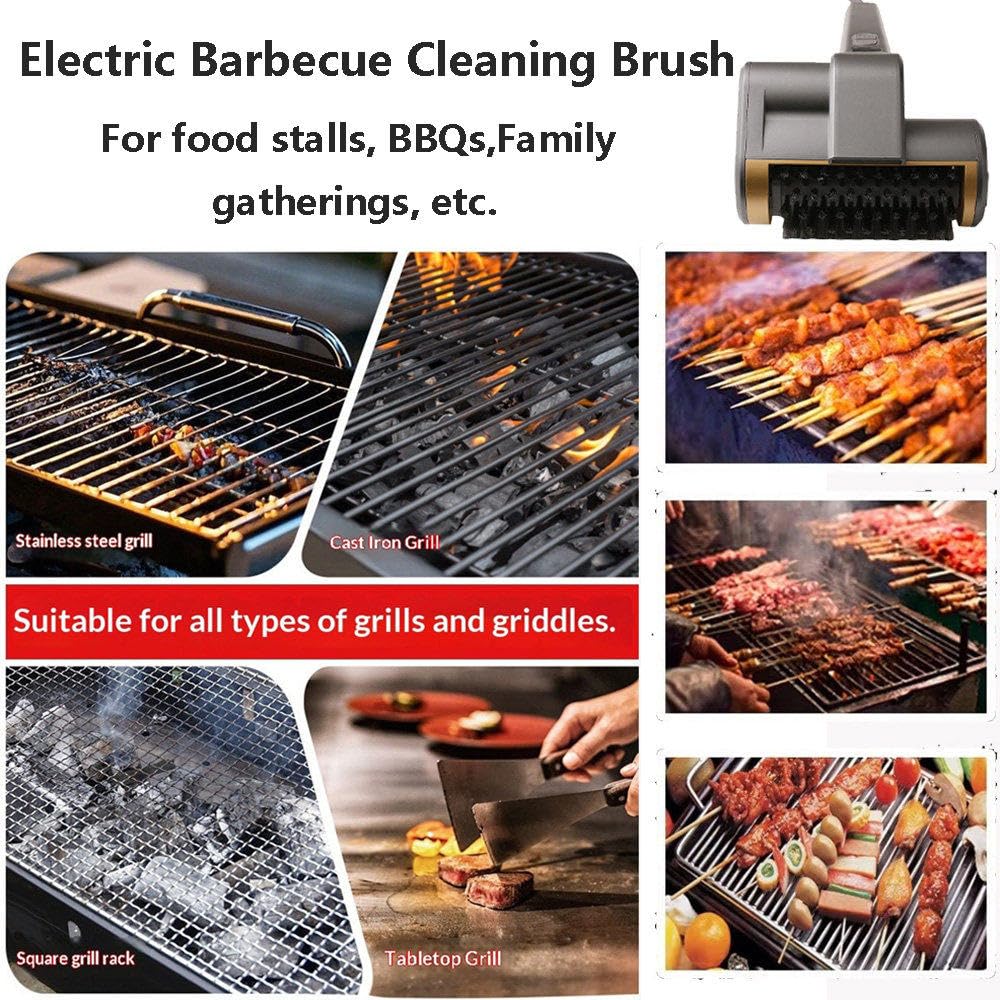Spazzola Elettrica Senza Fili per Griglia, Spazzola per Griglia Barbecue con Protezione Antiolio, 2 velocità Regolabili con 3 Testine per Uso Interno Ed Esterno C