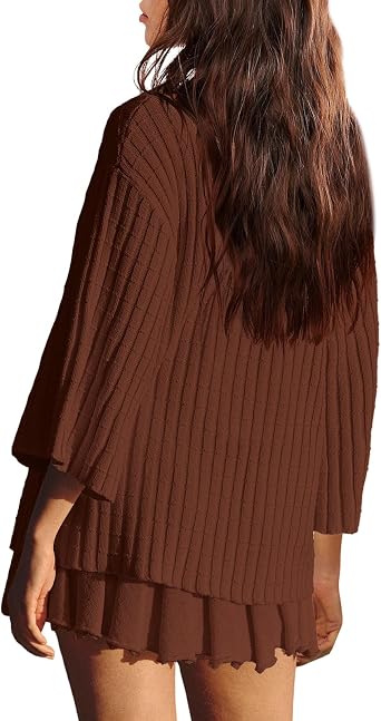 LAMISSCHE Womens Lounge Set Oversized 2 Piece Sweater Skirt Sets Long Sleeve Knit Top Pleated Skirts