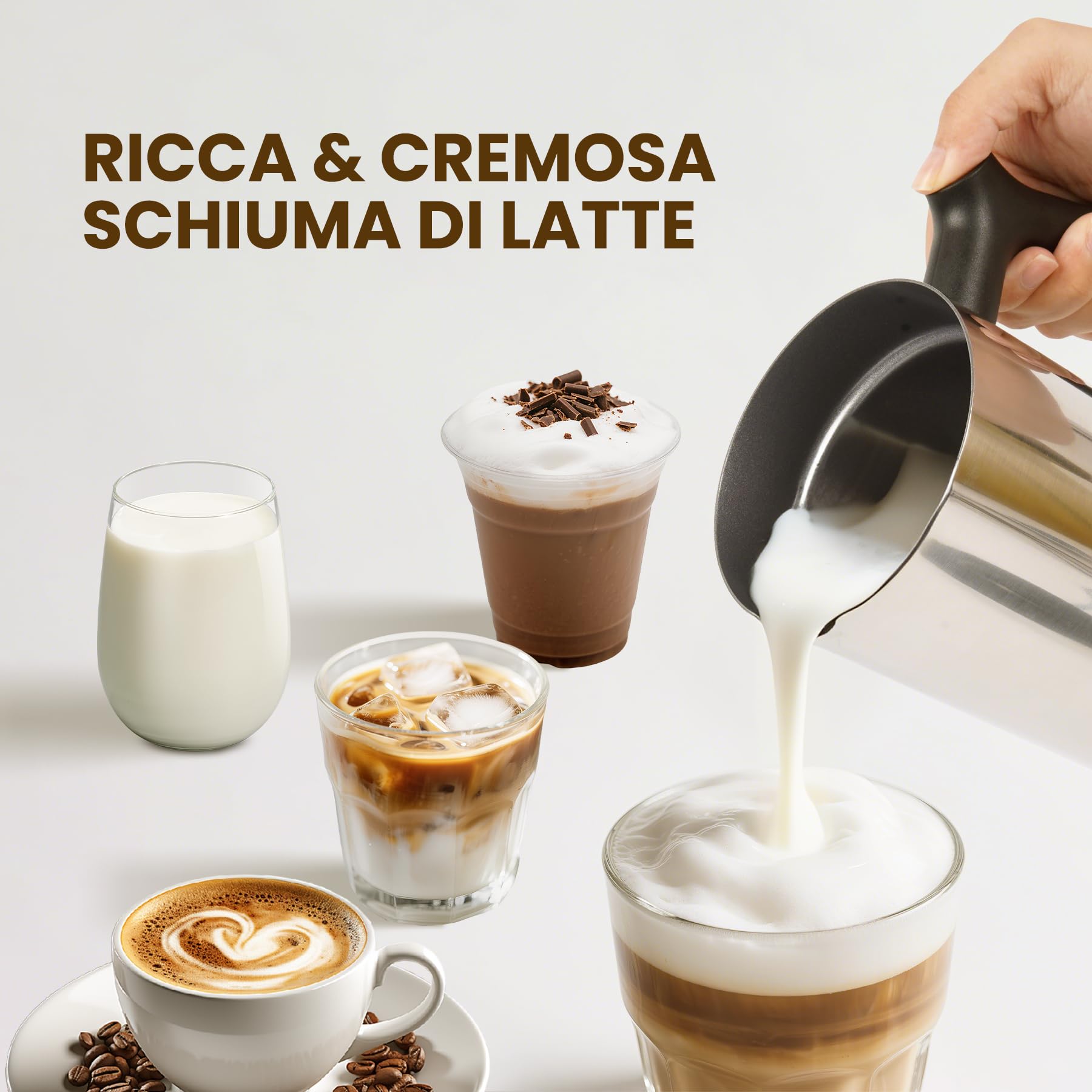 Montalatte Elettrico 4 in 1, Scaldalatte per Calda e Fredda in Acciaio Inossidabile per Cappuccinatore，Caffè, Cioccolata 300ML