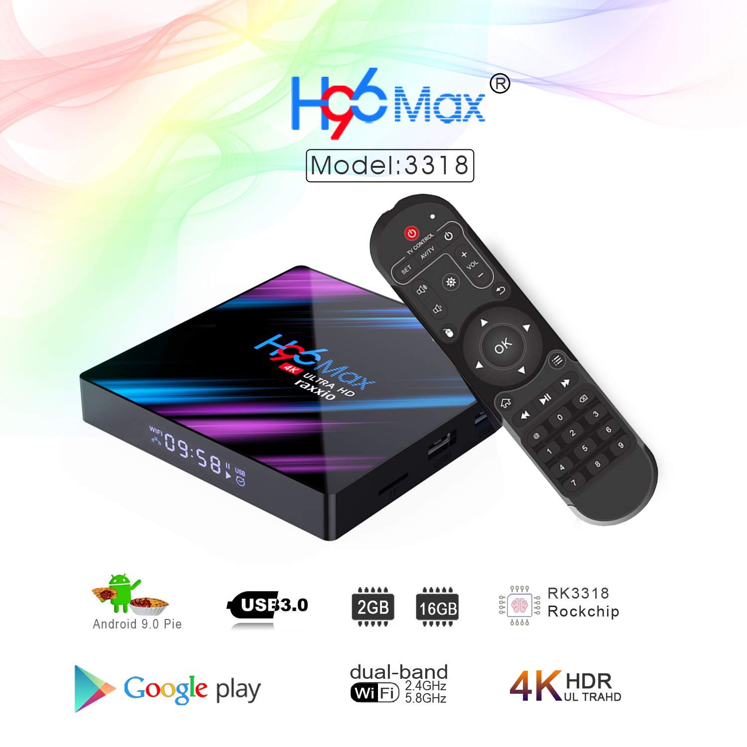 Amazon.com: Raxxio H96 Max Android TV Box 9.0 with 2GB RAM 16GB ROM I 4K  Smart Set Top Box Equipped RK3318 Quad-Core Processor 64bit Support 3D  2.4G/5G Dual WiFi/H.265/BT 4.0/USB 3.0 I