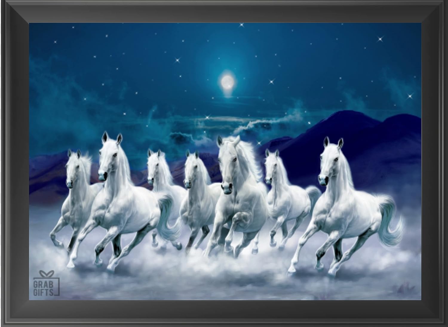 Grab Gifts Seven Lucky Running Vastu Horses Painting with Frame