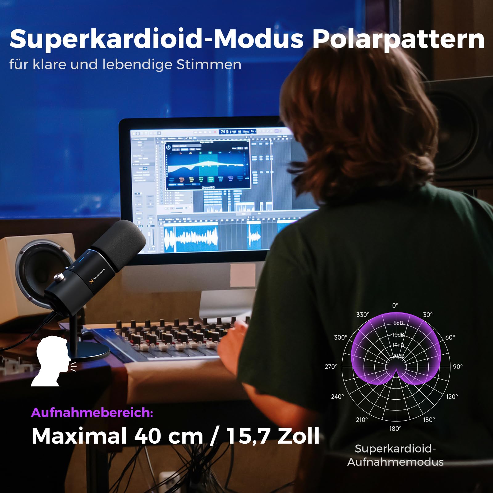NearStream AM25X Gen2 XLR/USB Kondensatormikrofon mit Tischstativ | Geräuschunterdrückung, Lautstärkeregelung, Kopfhöreranschluss, Stummschaltung, für PC, Audiomixer, Streamen, Podcasten