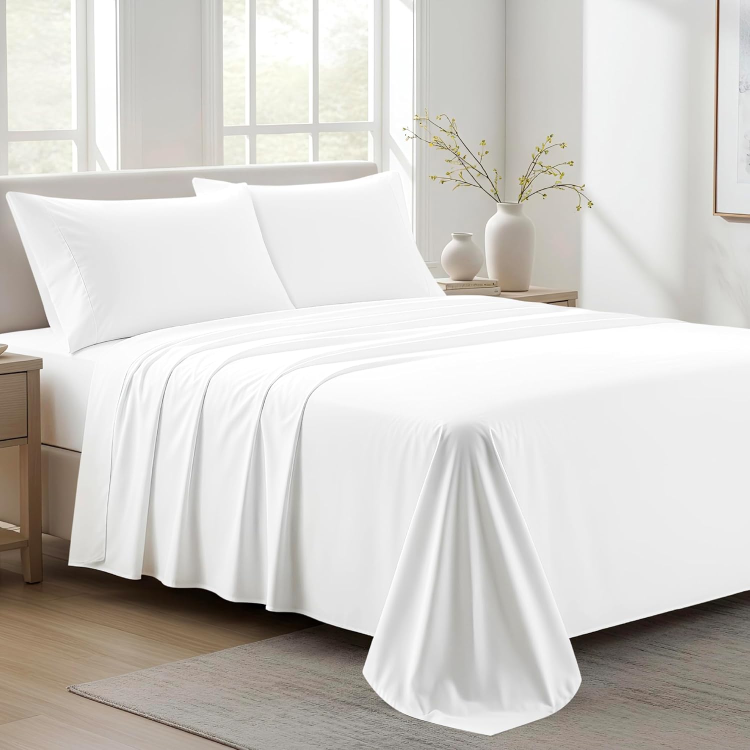 Ashton Sheets 100% Organic Cotton Sheets Queen Size - 4 PC Organic Cotton Queen Size Percale Weave Sheet Set, Soft, Cooling, Crisp & Breathable, 16" Deep Pocket Hotel Quality Bedding Set - White - Thumbnail 3