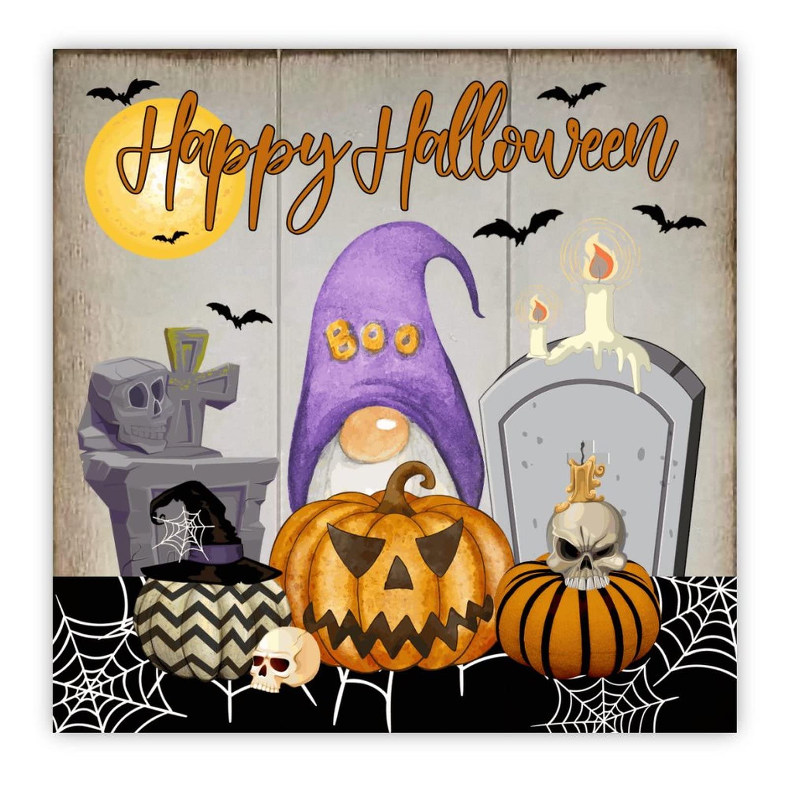 Panneau en bois Happy Halloween à suspendre avec motifs citrouille et nain pour salon