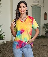 BANGELY Women's Tie Dye V-Neck Neon Tunic Top - Summer Vintage Casual Short Sleeve Blouse Soft Tee Shirt