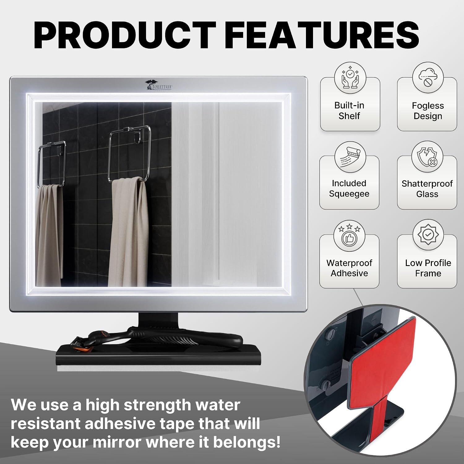 ToiletTree Products Deluxe LED Fogless Shower Mirror with Squeegee Anti-Fog Mirror - Adjustable Shaving Mirror with a Squeegee - Rust-Proof, Impact-Resistance Bathroom Shower Mirror (Pack of 2)