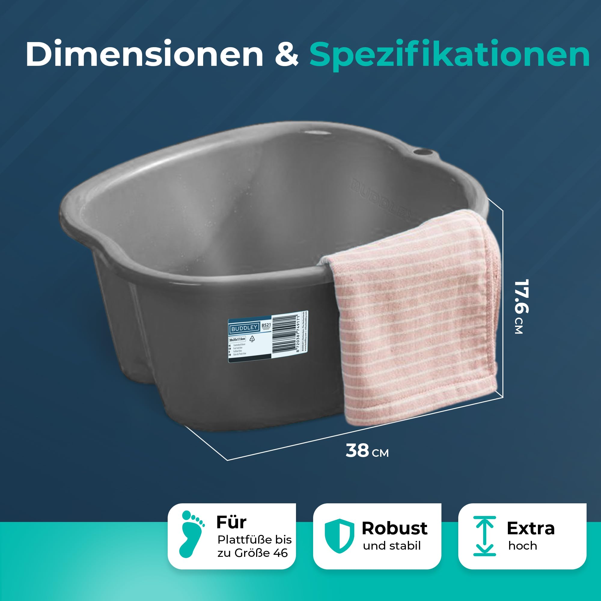 BUDDLEY Fußbad Wanne - Mit Massageboden - Grau - Bis Schuhgröße 46 - Fußbecken Kunststoff - Warm & Kalt - Pediküre - 38 x 34,5 x 17,6 cm