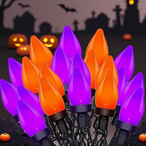 Miniatura 8 de Luces de Halloween naranjas, tira de luces C7 parpadeantes de 25 pies color naranja llama conectable, certificado UL con 27 bombillas naranja llama