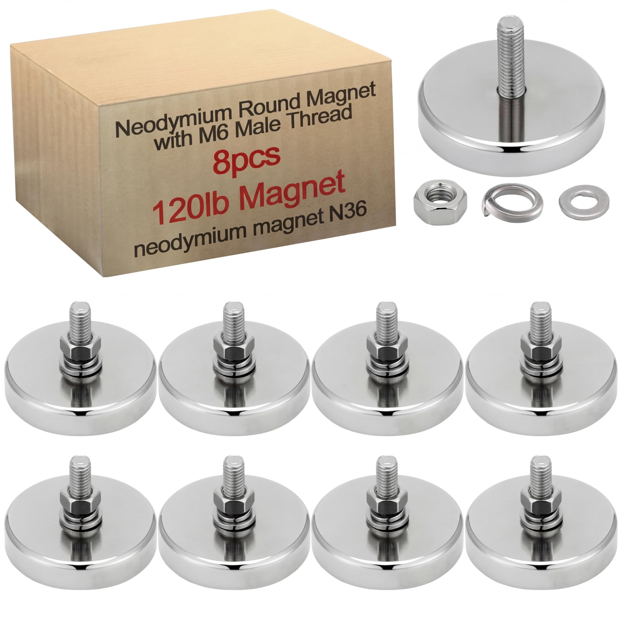 Flutesan 8pc Strong Round Mounting Magnet with Bolt, 1.42"-110lb-M6 Silver