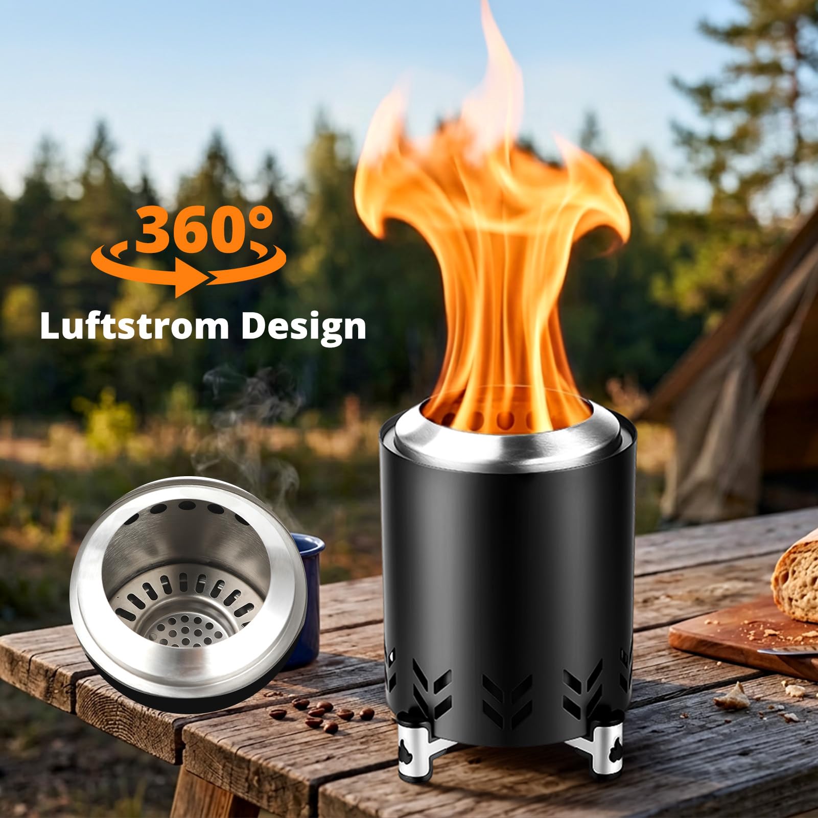 Tragbare Feuerschale Edelstahl für den Außenbereich, Rauchfreie Feuerstelle mit Ständer&Tragetasche,Rauchfreier Mini-Feuerstelle für Balkon, Terrasse und Gärten, 14cm ⊘ * 20cm H Schwarz