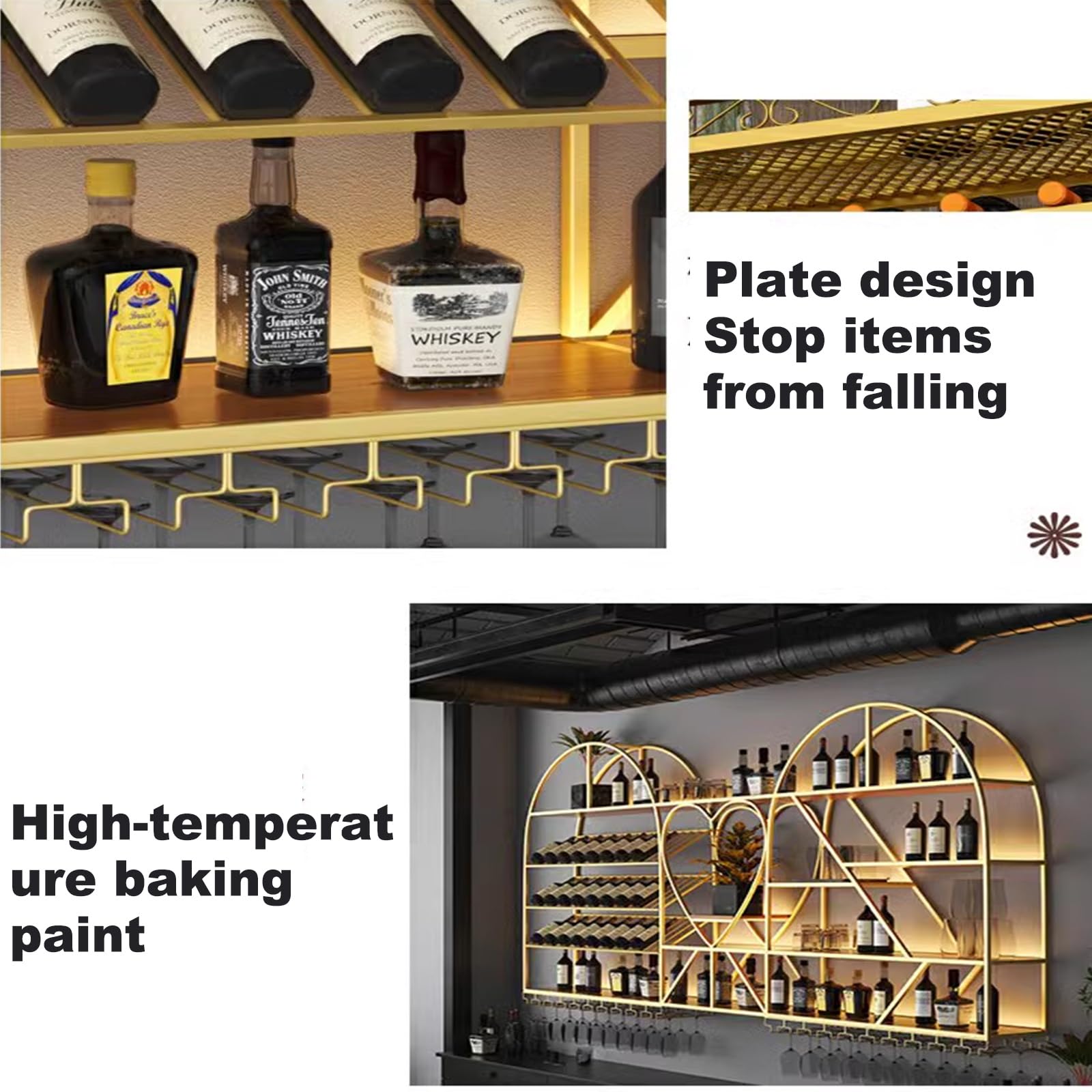 Botellero Vino Pared Creativo Estante Multifuncional de Hierro para Vino, Botellero Vino Metal con Luz Led y Portavasos for Bar Restaurante Club(Gold)