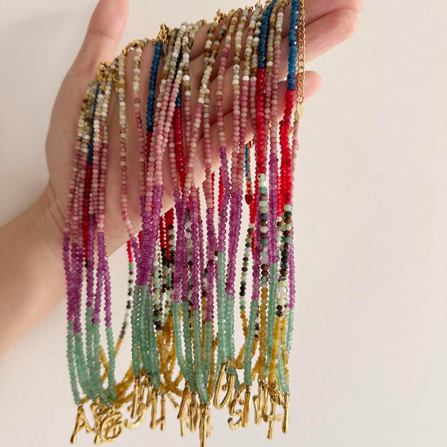 Beaded Initial Necklace for Women, Boho Natural Stone Semi-Precious Stone 18K Gold Plated Letter Pendant Rainbow Colorful Trendy Alphabet Dainty Choker Jewelry for Women Summer Beach Party - Image 3