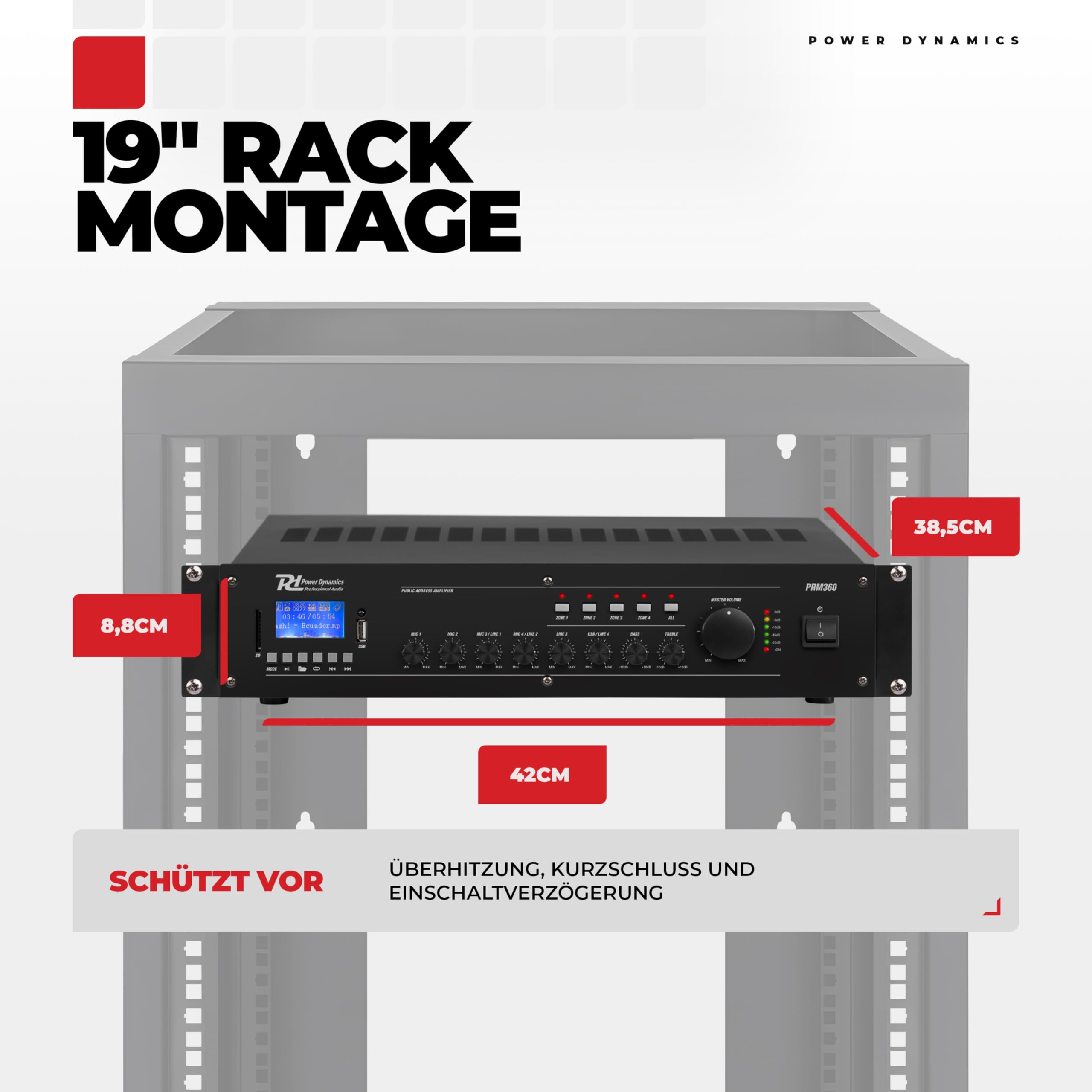 Power Dynamics PRM360 PA Endstufe - Verstärker für Lautsprecher und Musikanlagen, 100 Volt System, 360 Watt PA Verstärker, Bluetooth, MP3-Player, USB, SD, 2x Mic, Soundverstärker