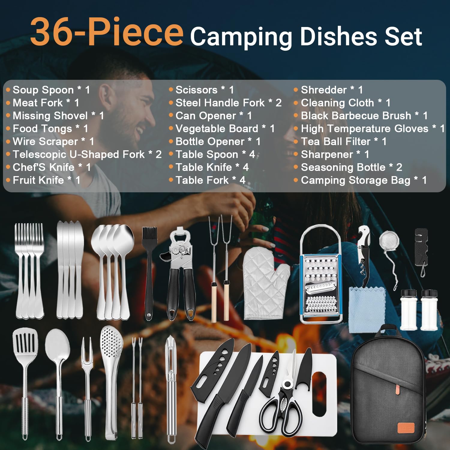 36 Pièces Ustensiles de Cuisine de Camping,Ensemble de Vaisselle,Accessoires de Camping,Ensemble de Couverts Portables Complet pour ActivitéS en Plein Air, Pique-Nique et Barbecues