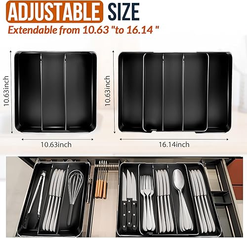 Miniatura 2 de Organizador de cubiertos, bandeja de utensilios ajustable y expandible para almacenamiento de cubiertos de cocina, cucharas, tenedores, cuchillos,