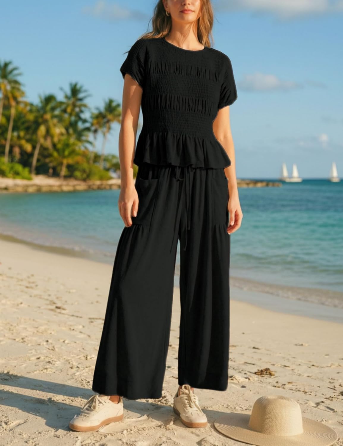 Womens 2 Piece Smocked Top Wide-Leg Pants Set High-Waisted Lounge Outfit with Pockets Casual Boho Matching Set - Image 2