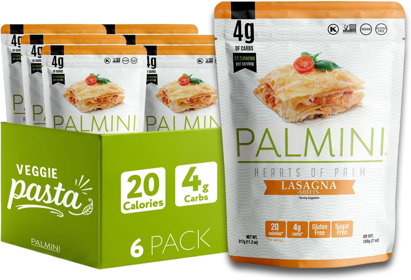 Palmini Lasagna Noodles | Low-Carb, Low-Calorie, Hearts of Palm Pasta | Keto, Gluten Free, Vegan, Non-GMO, Plant Based Pasta, Healthy Noodles | Seen on Shark Tank |(12 Ounce - Pack of 6)