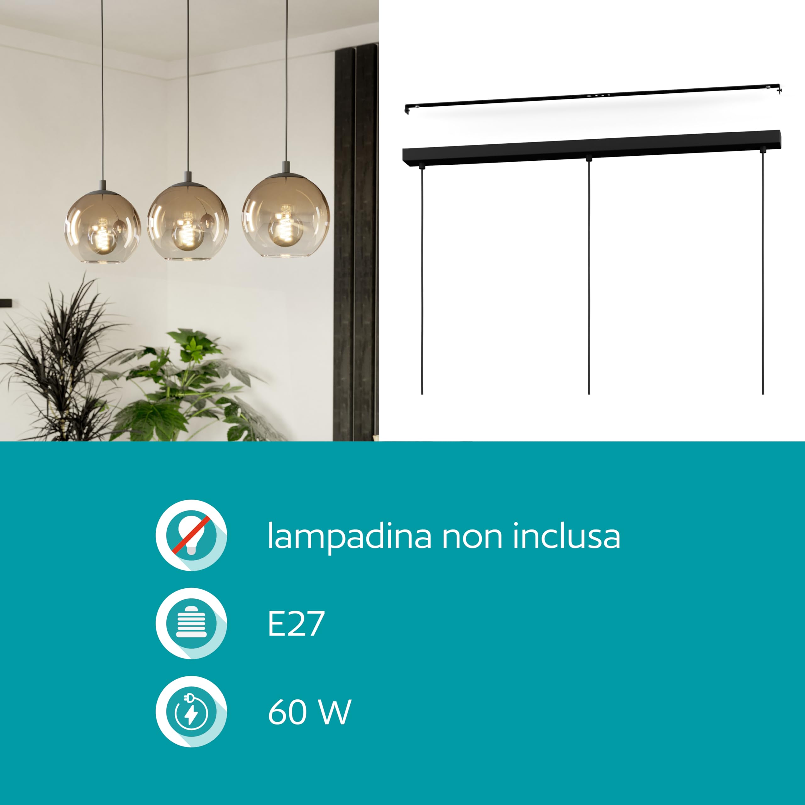 Eglo Lampada a sospensione Ariscani 1, a 3 luci, lampadario per tavolo da pranzo, in metallo nero e vetro color rame, attacco E27, Ø 76,5 cm