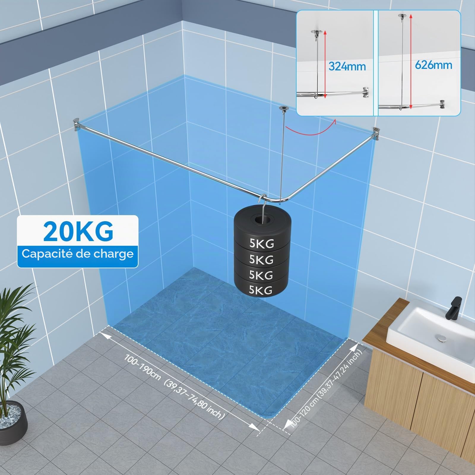 KULACO Barre de douche en forme de L, 100-120x100-190cm | barre de douche réglable en acier inoxydable SUS304, tringle pour rideau de douche de coin, avec 16 anneaux pour rideau