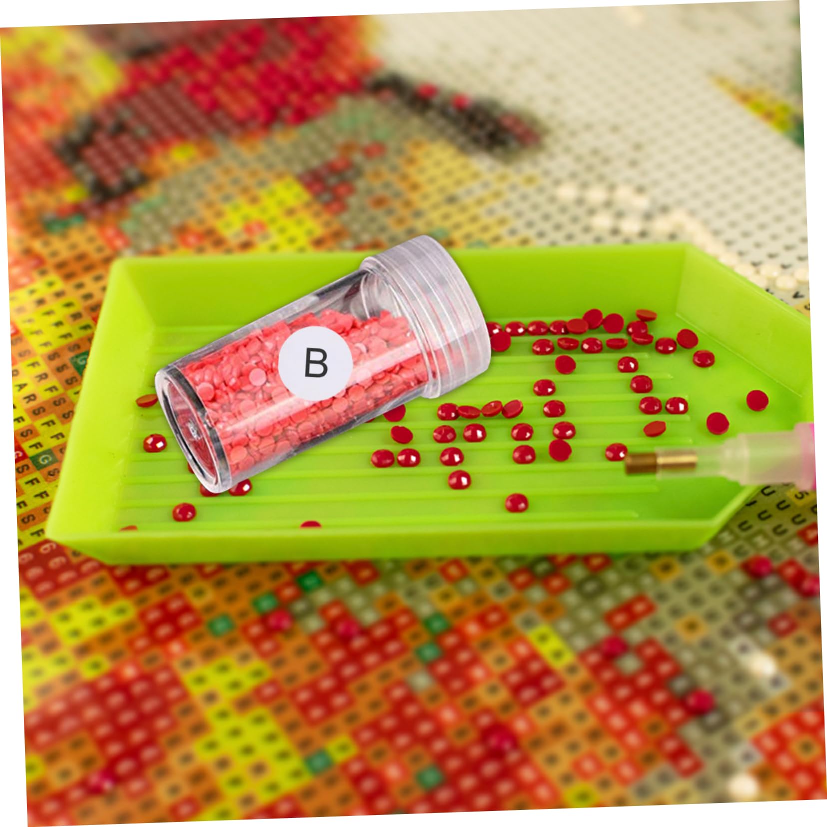 HOMSFOU 1 Set Scatola Organizzatrice Trasparente con Divisori per Craft e Piccoli Contenitore Diy con Bottiglie Rotonde e Adesivi per Etichettatura