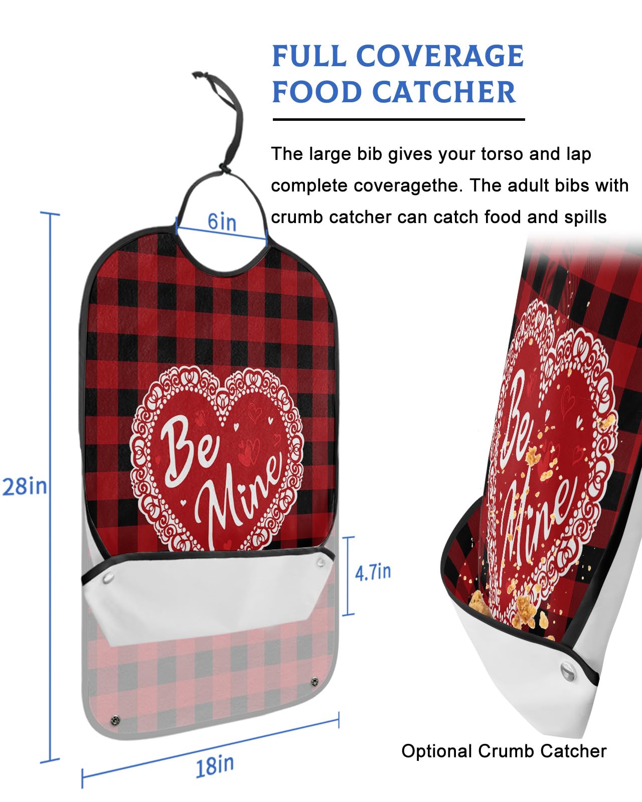 Valentines Love Heart Adult Bibs for Eating, Waterproof Bibs with Food Catcher & Adjustable Snap Closure, Black and Red Buffalo Plaid Washable Clothing Protectors Adult Bibs for Elderly Women/Men