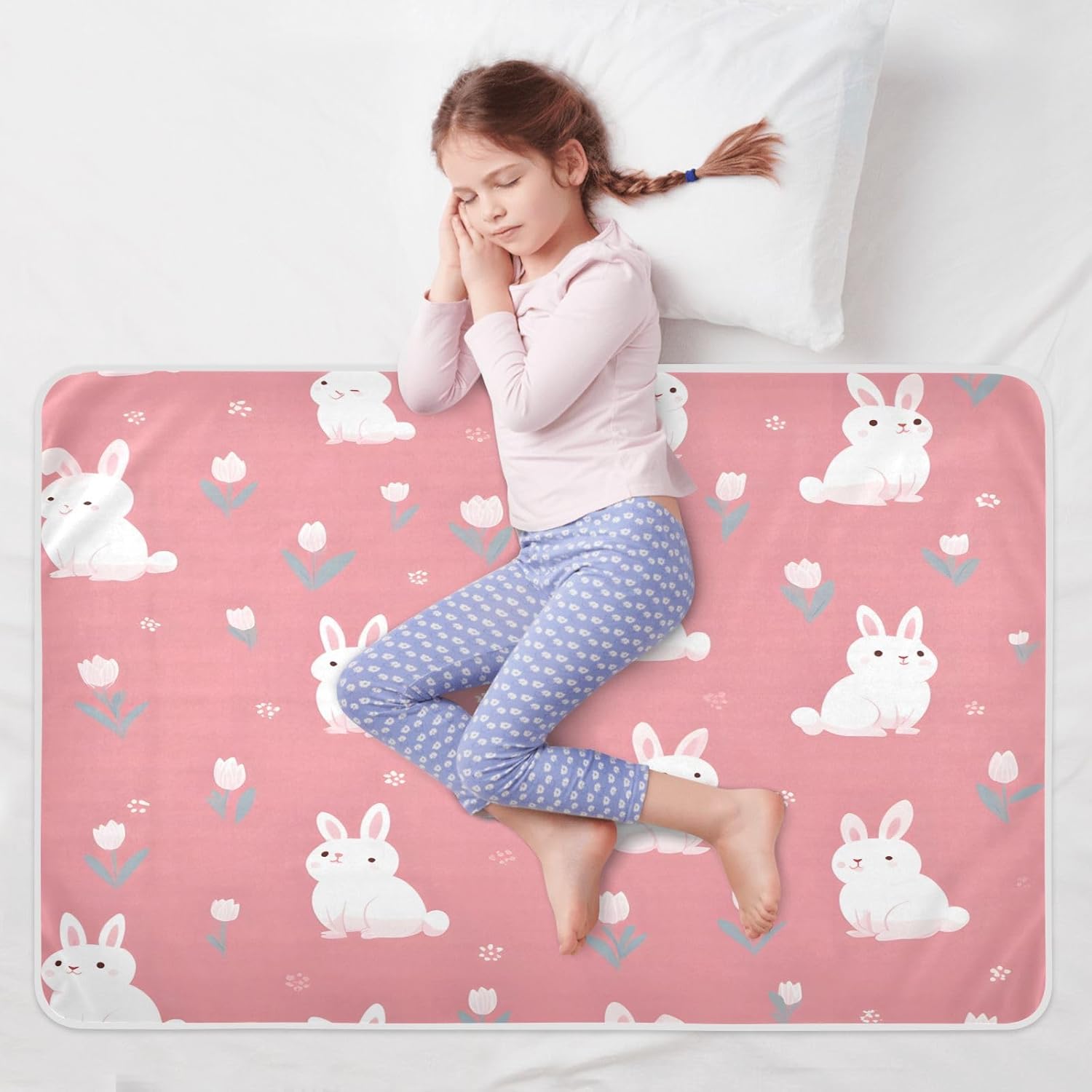 Bunnies with Tulips on Pink Background Change Mat, Diaper Changing Pads for Baby, 3Layers Waterproof Change Pad Foldable Absorbent Mats for Women, Reusable Incontinence Underpads for Patient 34''x52''
