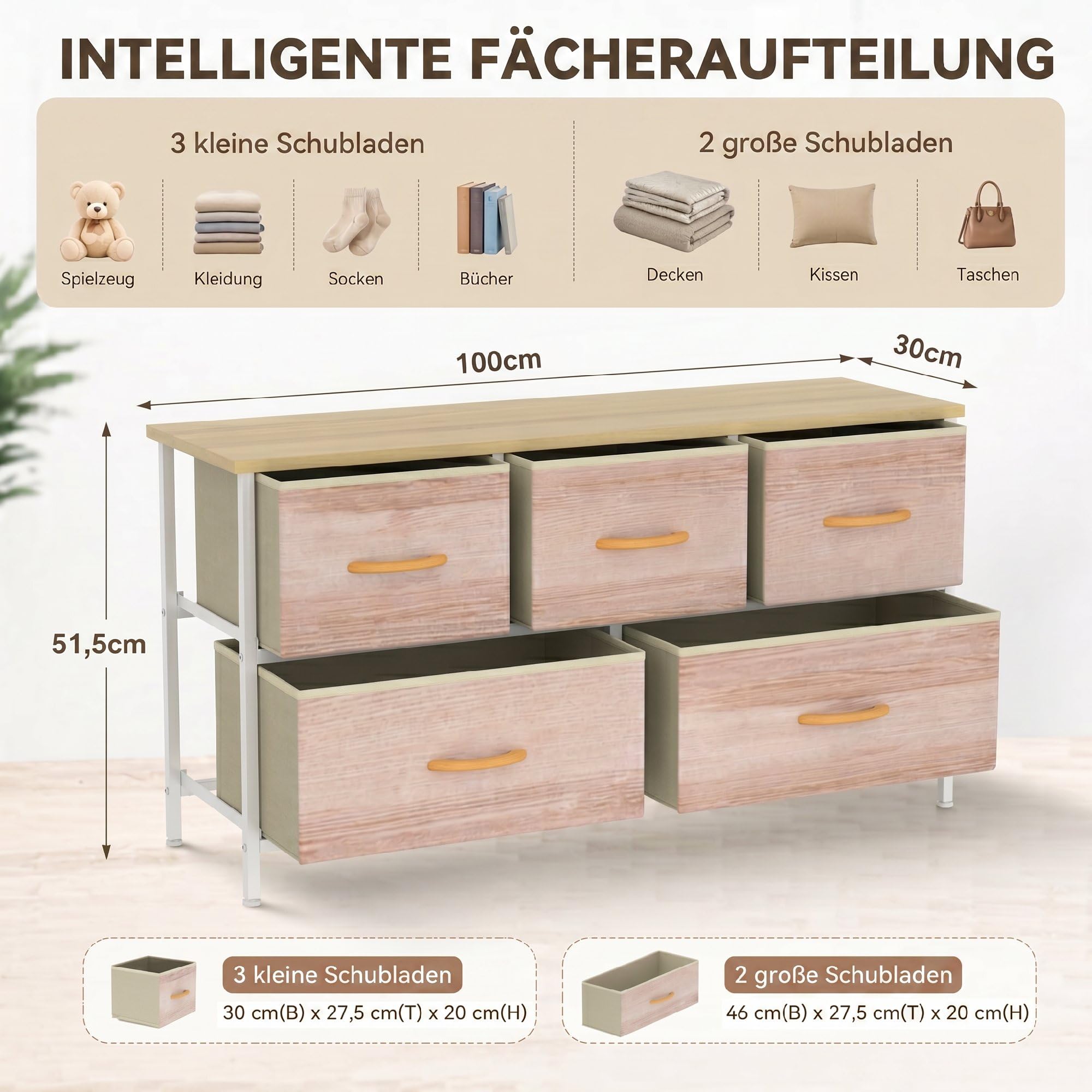 HOMCOM Kommode 5 Schubladen aus Stoff 100x30x51,5 cm Naturholz und Weiß