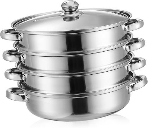Hemoton Olla para cocinar 4 capas de acero inoxidable para alimentos y verduras, olla de utensilios de cocina, vaporeras para tamales con tapa para