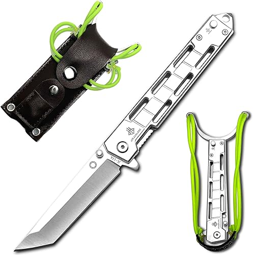 NAXFUSS Slingshot Tanto - Cuchillo táctico plegable - Cuchillos de bolsillo EDC para campamento con clip, funda de cuero, regalos para hombres